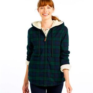LL Bean Womens hooded fleece lined flannel shirt/jacket